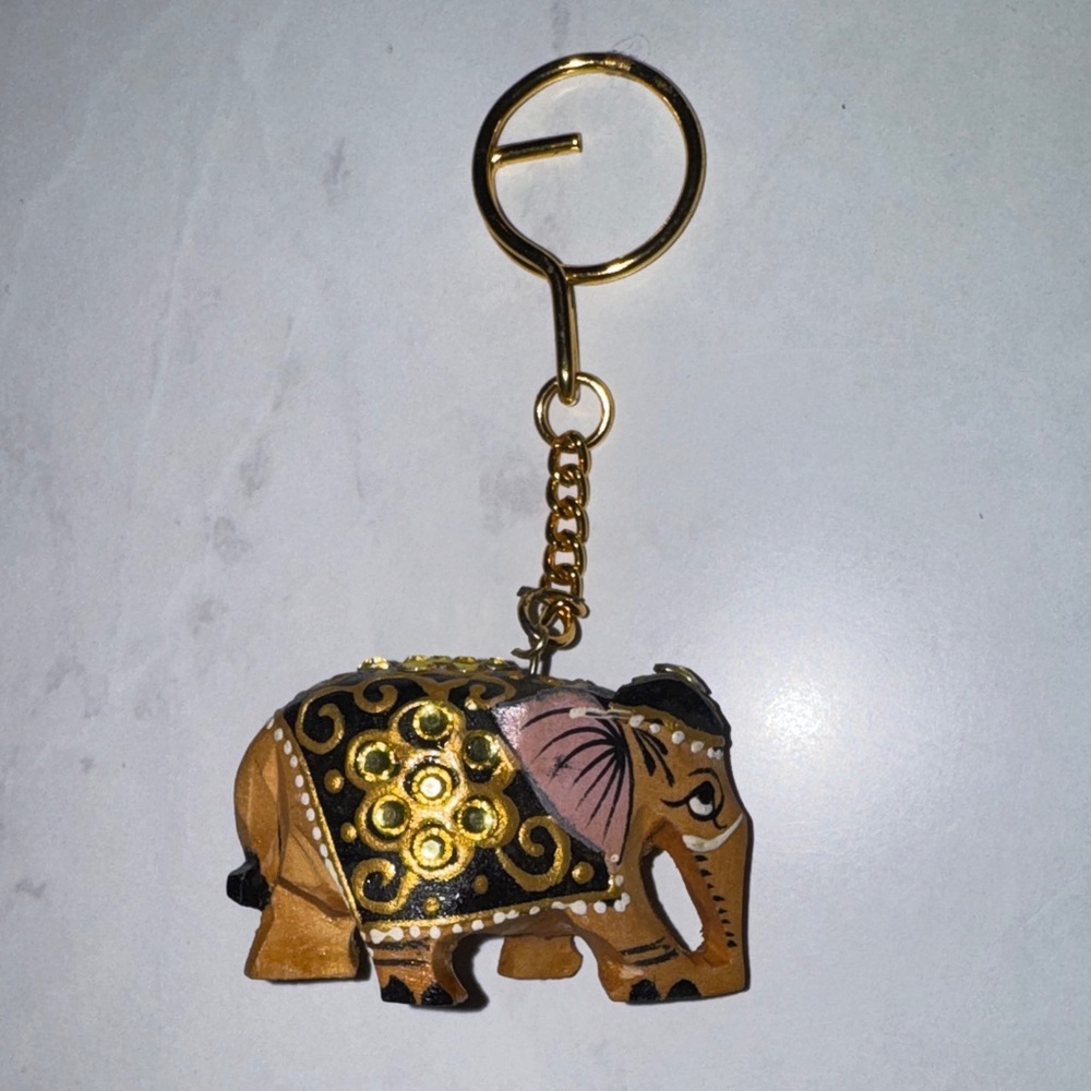 Elephant Keychain Gold Accents intricate carving painting wooden elephant - Picture 1 of 5